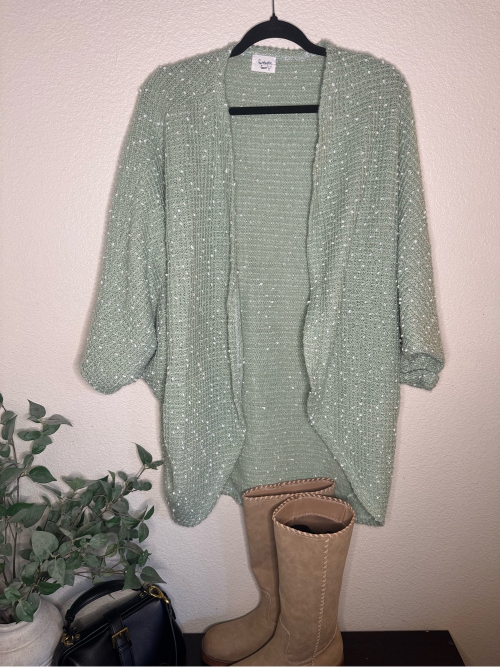 Fantastic Fawn Speckled Sage Green Open-Front Cardigan size L/XL